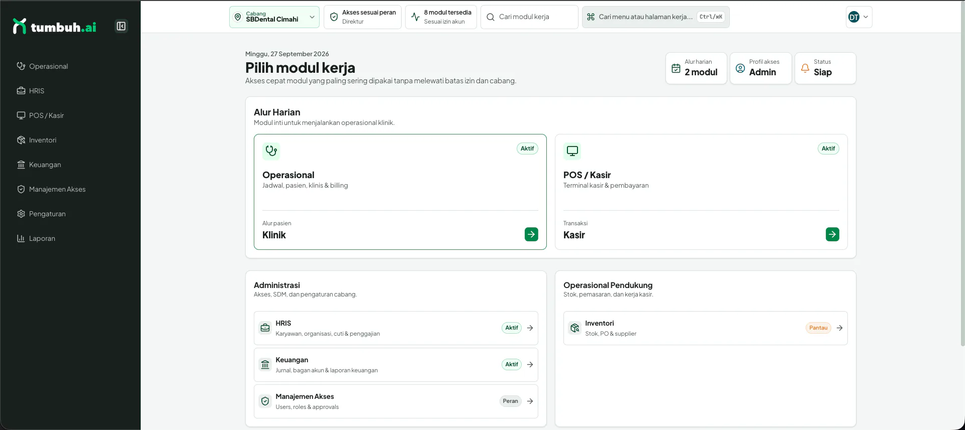 Hub Tumbuh.ai: pilihan modul kerja Operasional, POS/Kasir, HRIS, Keuangan, Manajemen Akses, dan Inventori untuk cabang SBDental Cimahi.